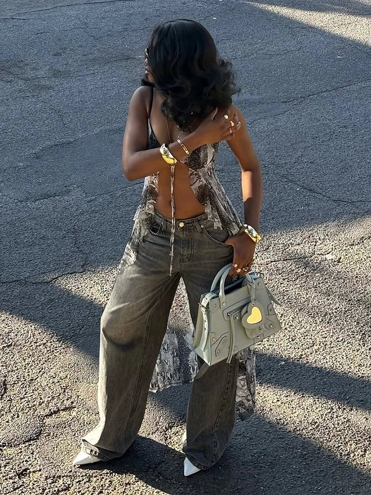 Gray Long Tie-Dye Ruffles Top