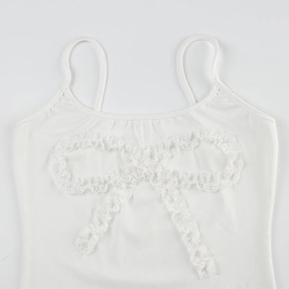 Lace Bow White Camisole - Cute Sleeveless Slim Crop Top