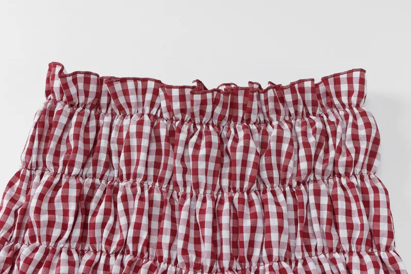 Red Backless Plaid Top Shorts Two Piece Set