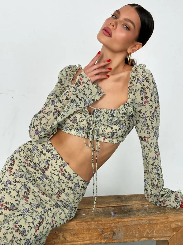 Floral Top and Maxi Skirt Two Piece Set