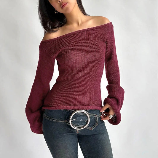 Knit Off Shoulder Slim Long Bell Sleeve Sweater