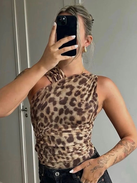 Leopard Ruched Sleeveless Bodysuit
