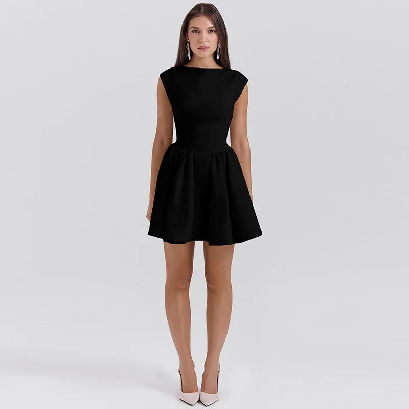 Backless A-line Dress Black Sleeveless High Waist Dress Slim