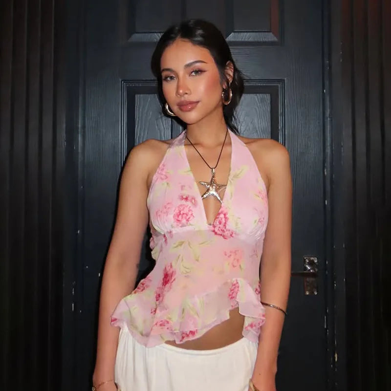 Pink Floral See Through Mesh Ruffled V-Neck Backless Top