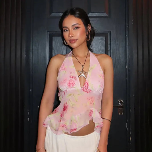 Pink Floral See Through Mesh Ruffled V-Neck Backless Top