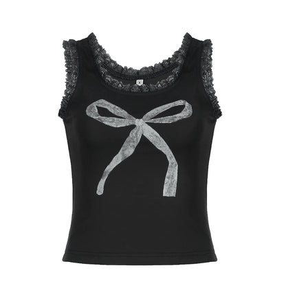 Bow Print Sweet Camisole with Lacework and Square Collar Black
