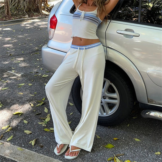 Petchwork Stripe Set Sleeveless O-neck Lace Up Vest High Waist Straight Pant Sets