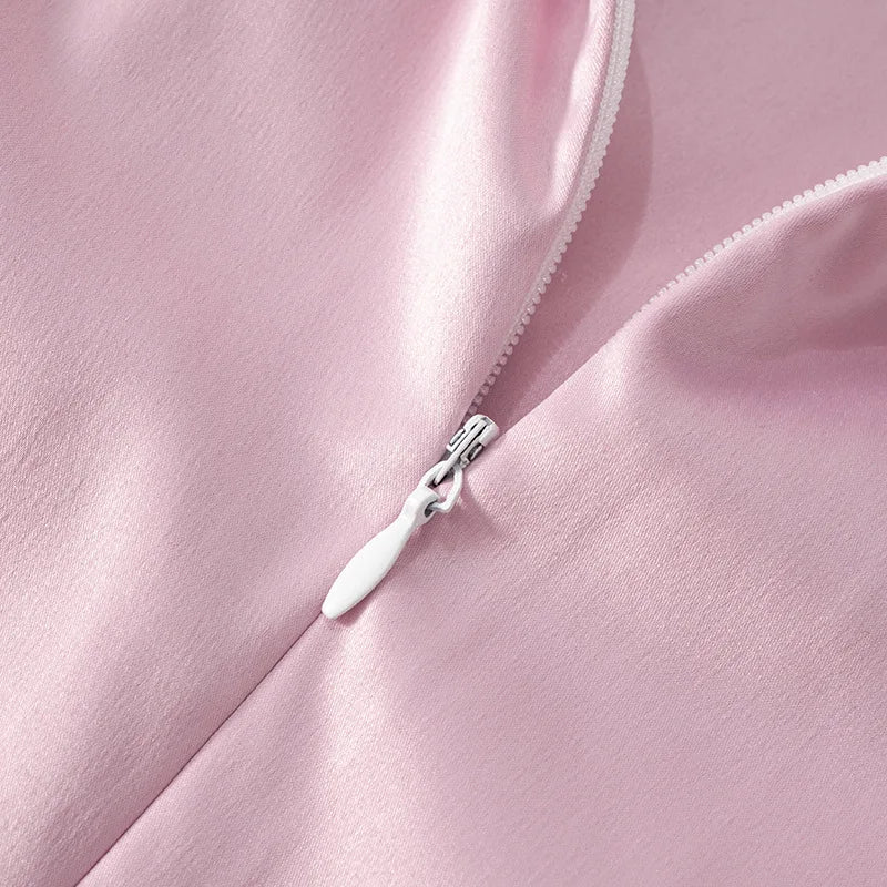 Pink Satin Hollow Out Bow Mini Dress