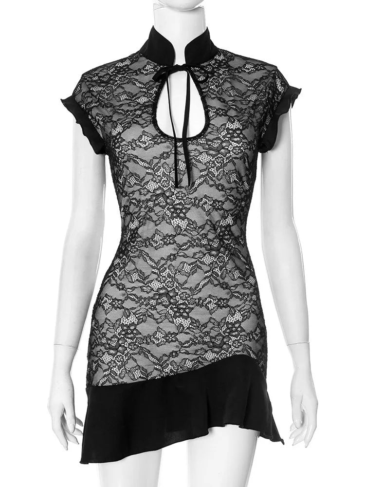 Hollow Out Lace Ruffle Dress Black Sleeveless St Collar Dress