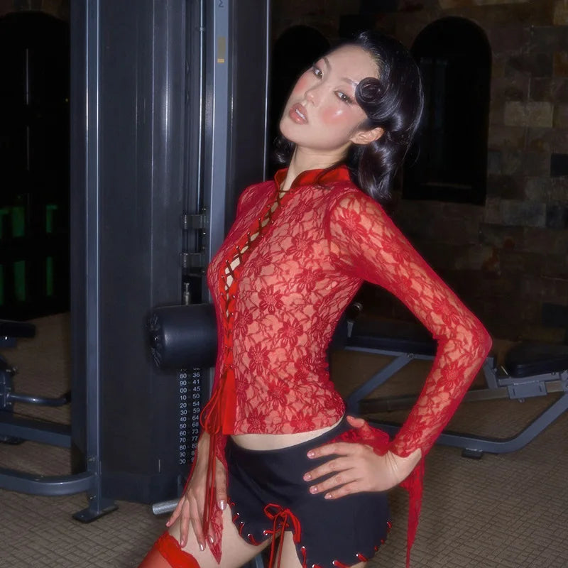 Red See Through Lace Top