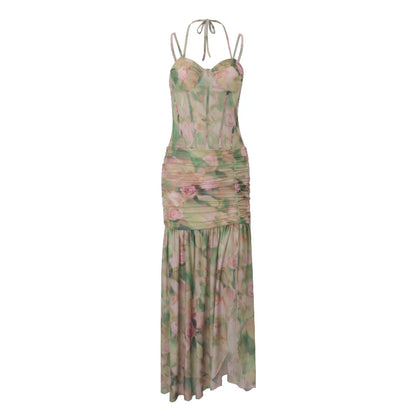 Green Floral Bodycon Split Maxi Dress