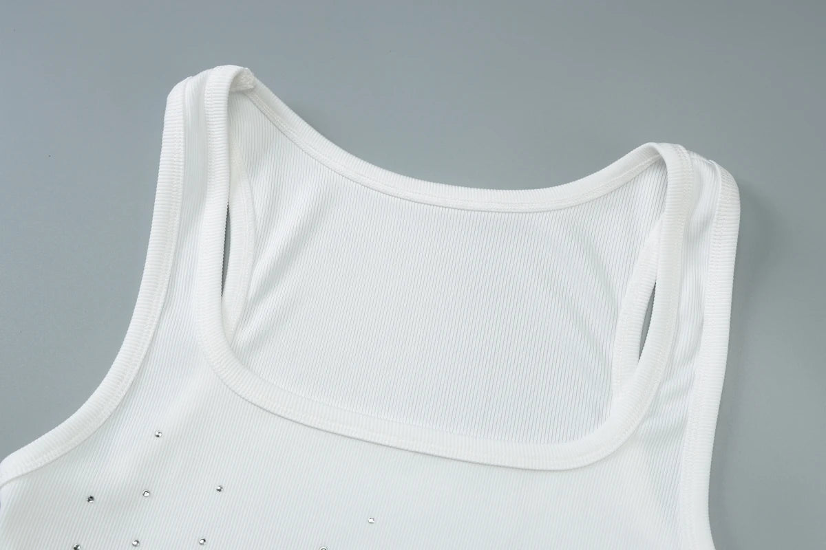 White Square Collar Sleeveless Bodycon Sparkly Crystal Rhinestone Top
