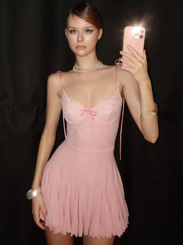 Lace Patchwork Dress Backless Bow Lace-Up Sleeveless Thinny Pleat Solid Mini Bodycon