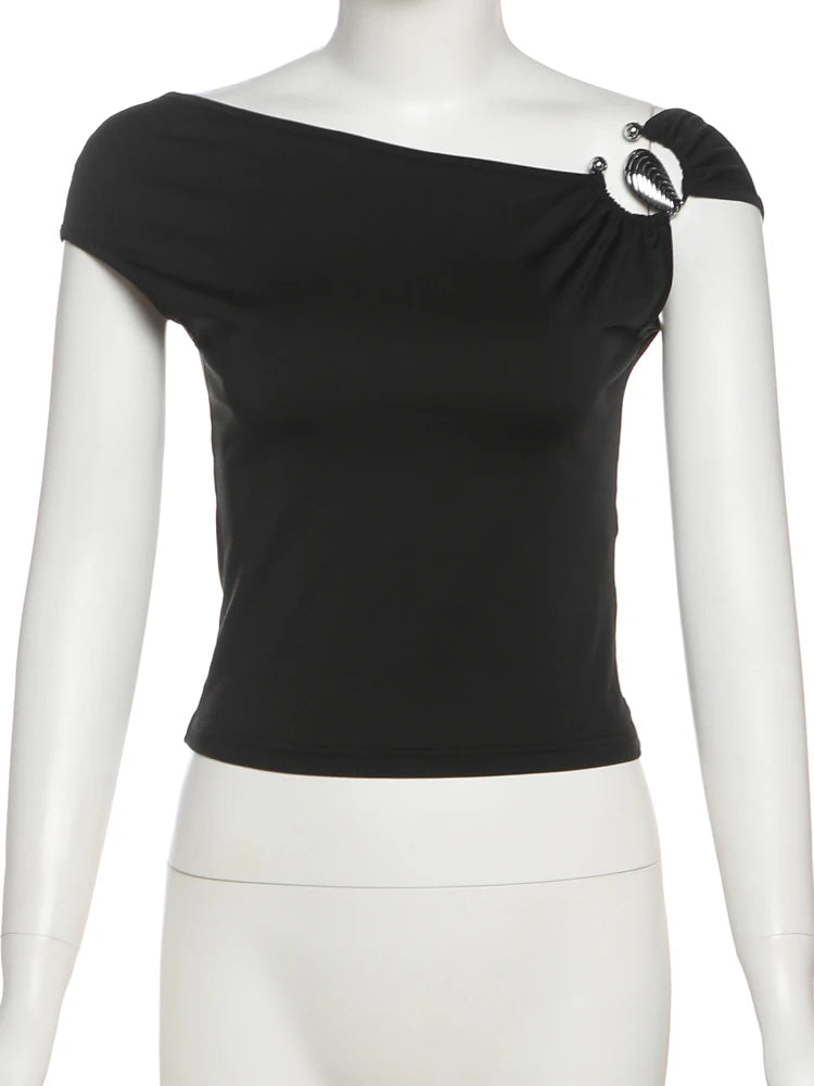 Backless Crop Top with Skew Collar & Metal Rings