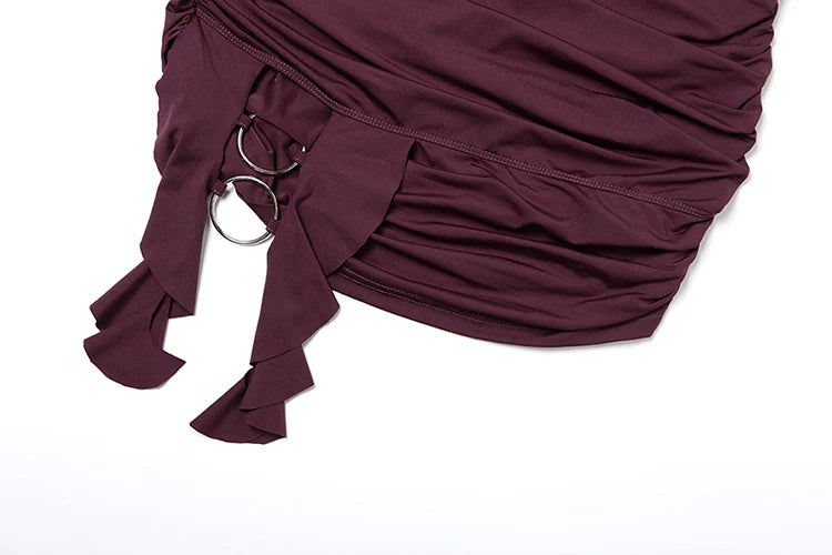 Ruched Backless Dress Deep V-Neck Full Sleeve Rings Patchwork Irregular Hem Mini Bodycon