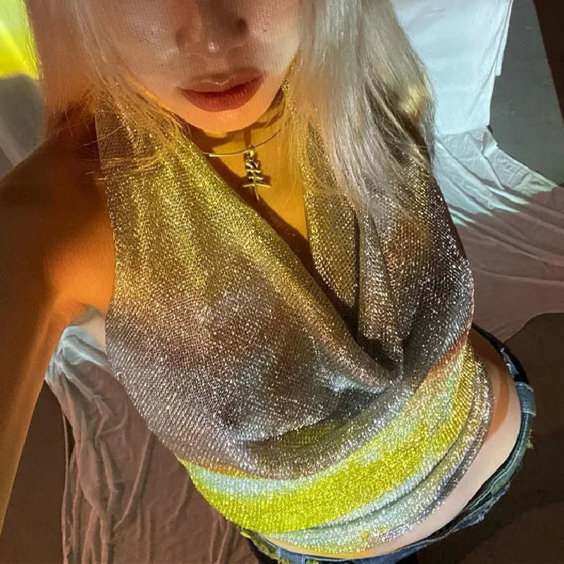 Silver Sleeveless Backless Halter Glitter Tank Top