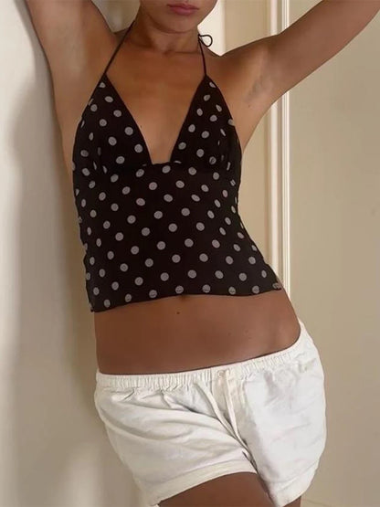 Backless V-Neck Polka Dot Top