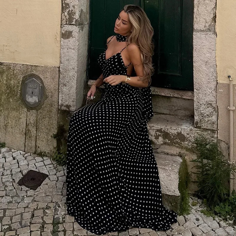 Black Polka Dot V-Neck Backless Maxi Dress