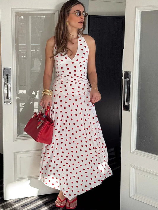 Backless Polka Dot High Waist Midi Dress