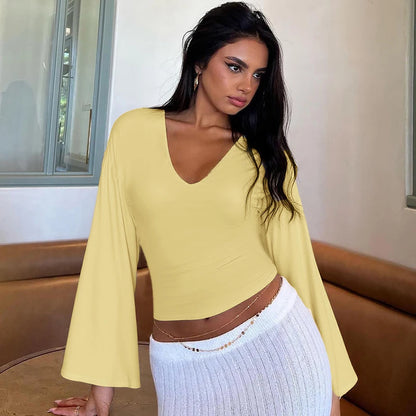 Yellow V-Neck Flared Loose Long Sleeve Slim Top