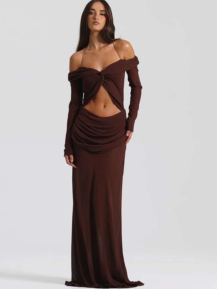 Off Shoulder Hollow Out Halter dress White Long Sleeve Maxi Dress