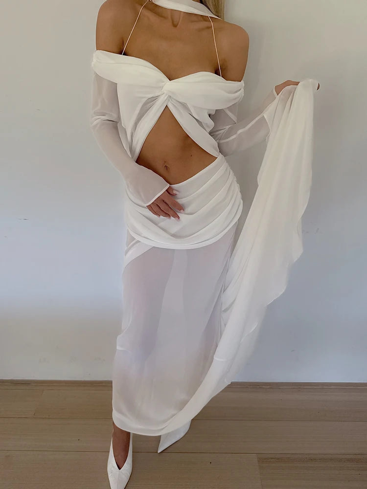 Off Shoulder Hollow Out Halter dress White Long Sleeve Maxi Dress
