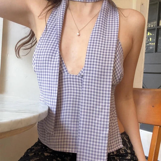 Backless V-Neck Top With Scarf
