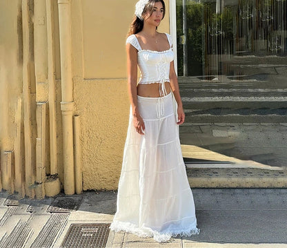 Lace Patchwork Tank Top & Low-Waist Drawstring Skirt Set