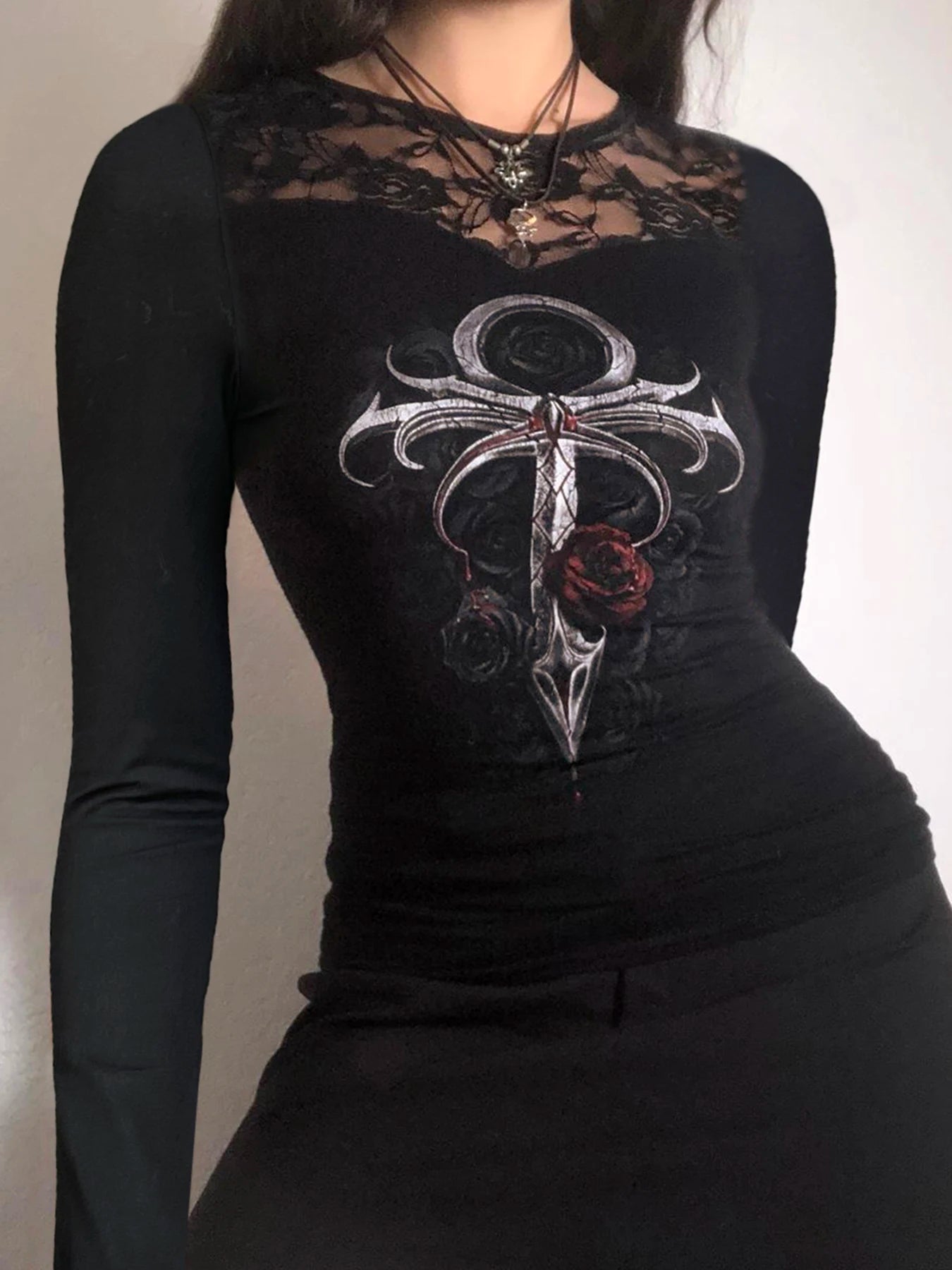 Gothic Lace Print Slim Top Long Sleeves Tee Shirts ing