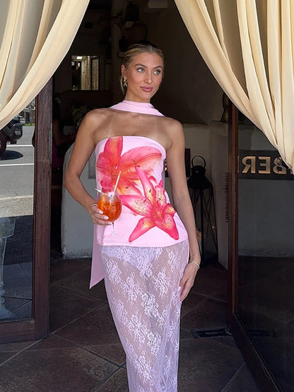 Pink Strapless Ribbon Tank Top - Backless Halter Style