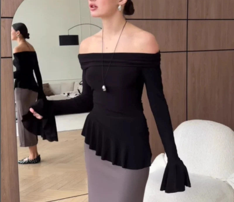 Ruffled Solid Flare Sleeve Off Shoulder Pullover T-shirt Top