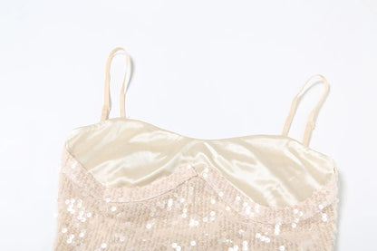Khaki Sequins Backless Sleeveless Tank Top