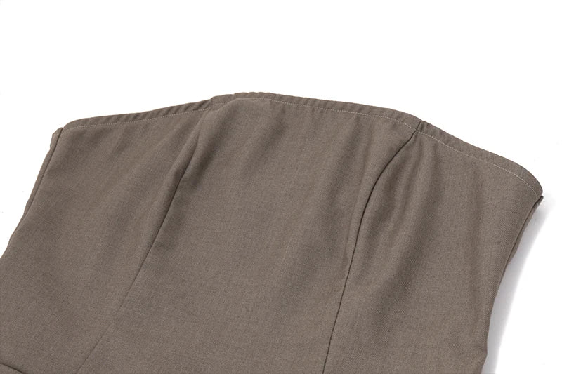 Khaki Slim Pleated High Waist Off Shoulder Sleeveless Mini Dress