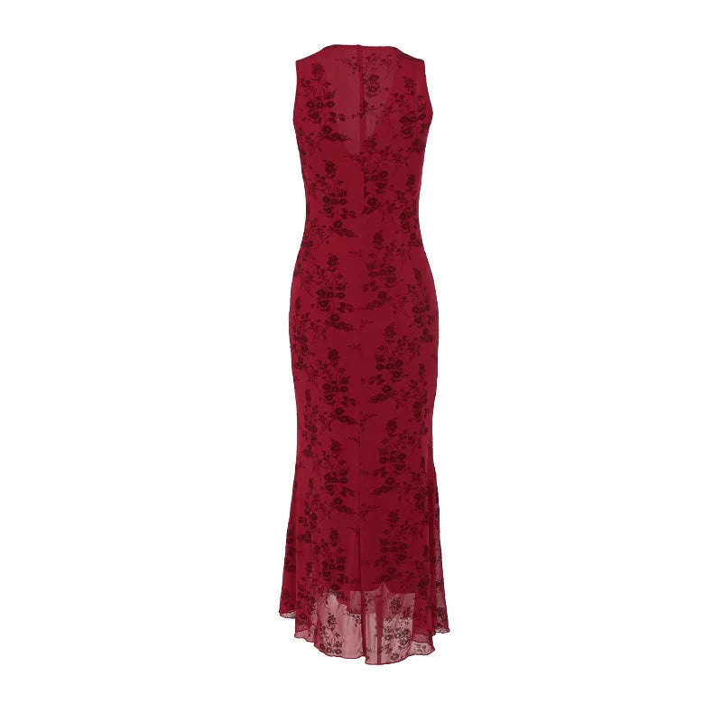 Printed Deep V Long Dress Floral Contrast Color Sleeveless Waist Slim Dress Long Dress