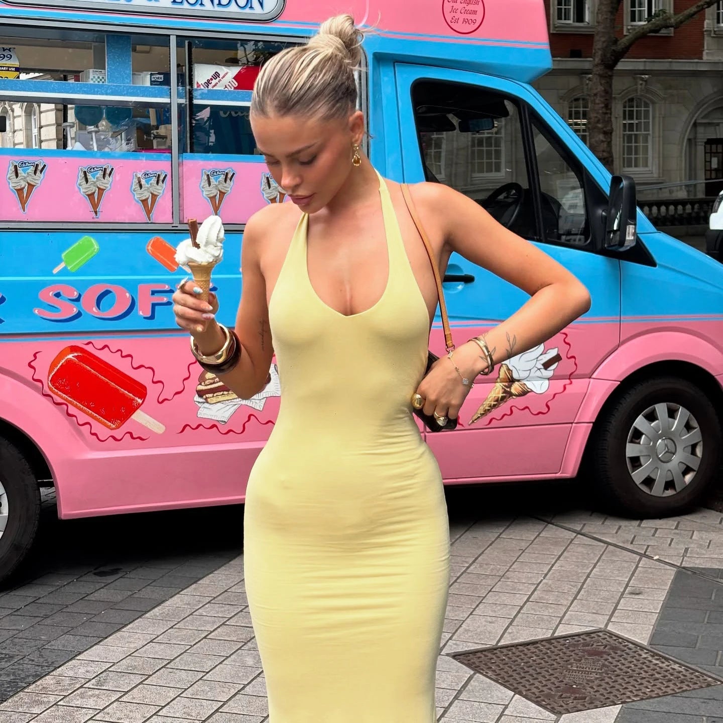 Yellow Slim Sleeveless Backless Halter Long Dress