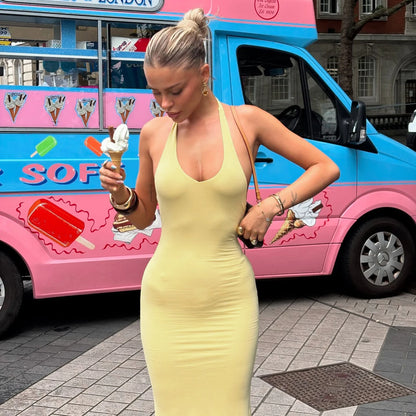 Yellow Slim Sleeveless Backless Halter Long Dress