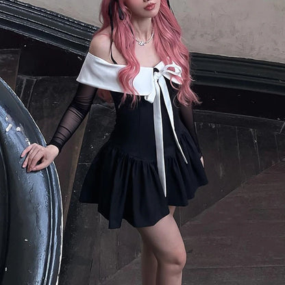 Black Off Shoulder Long Sleeve A-Line Mini Dress