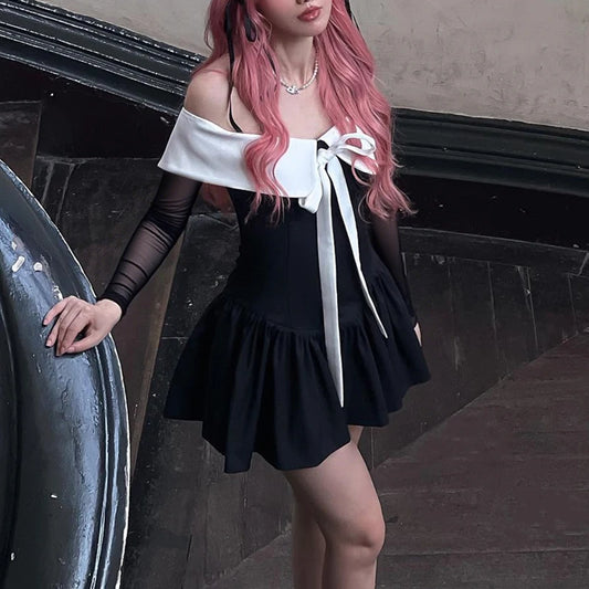 Black Off Shoulder Long Sleeve A-Line Mini Dress