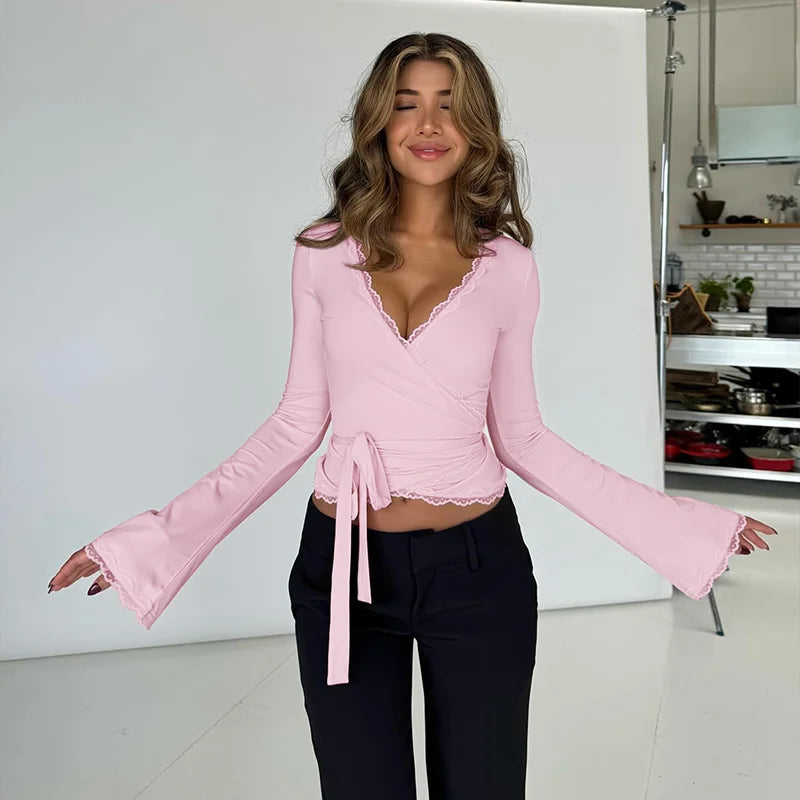 Pink Sheath V-Neck Ruffle Long Sleeve Top