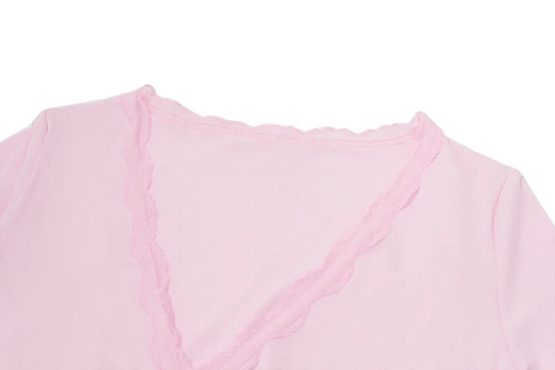 Pink Sheath V-Neck Ruffle Long Sleeve Top