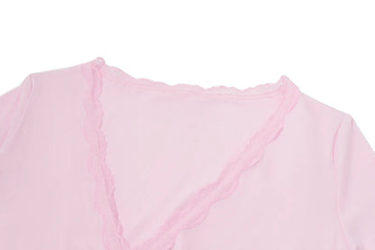 Pink Sheath V-Neck Ruffle Long Sleeve Top