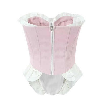 Sweet Patchwork Fish Bone Strapless Crop Top