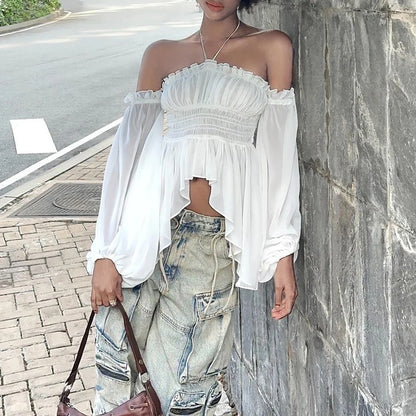 White Off Shoulder Long Sleeve Crop Top