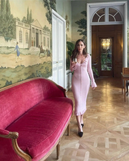 Pink Ruffles Flare Sleeve Midi Dress