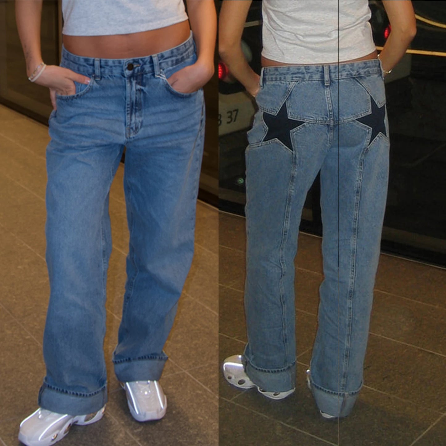 Star Pattern Loose Straight Leg Denim Low Waist Jeans