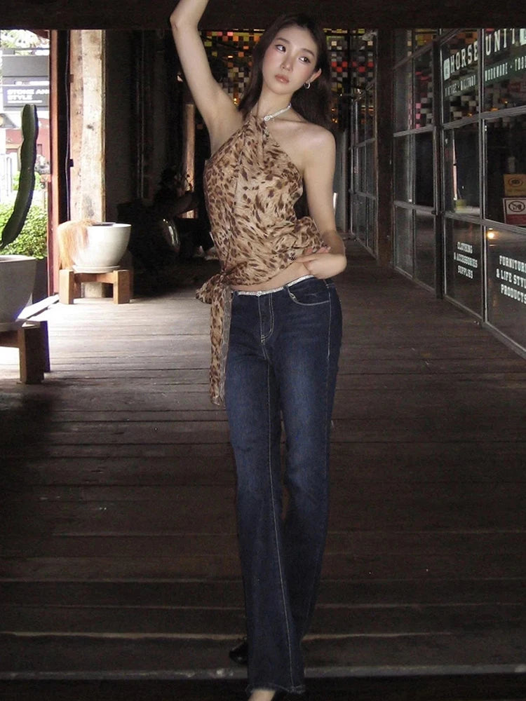 Leopard Backless Halter Tank Top