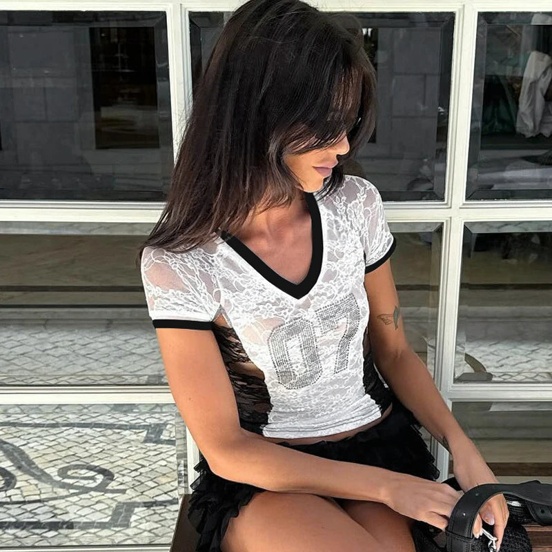 Letter V Neck Rhinetone Lace Colliion Patchwork Top T-Shirt