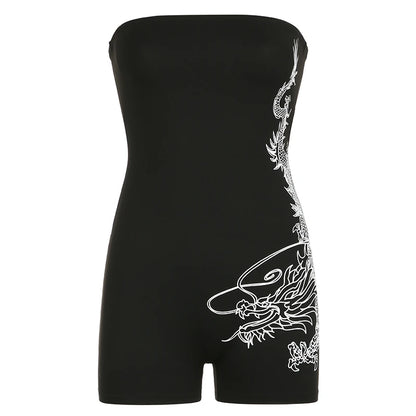 Dragon Print Tube Romper Off Shoulder Bodycon Jumpsuit