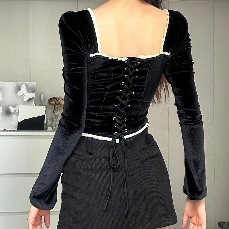 Black Square-Neck Patchwork Long Sleeve Top