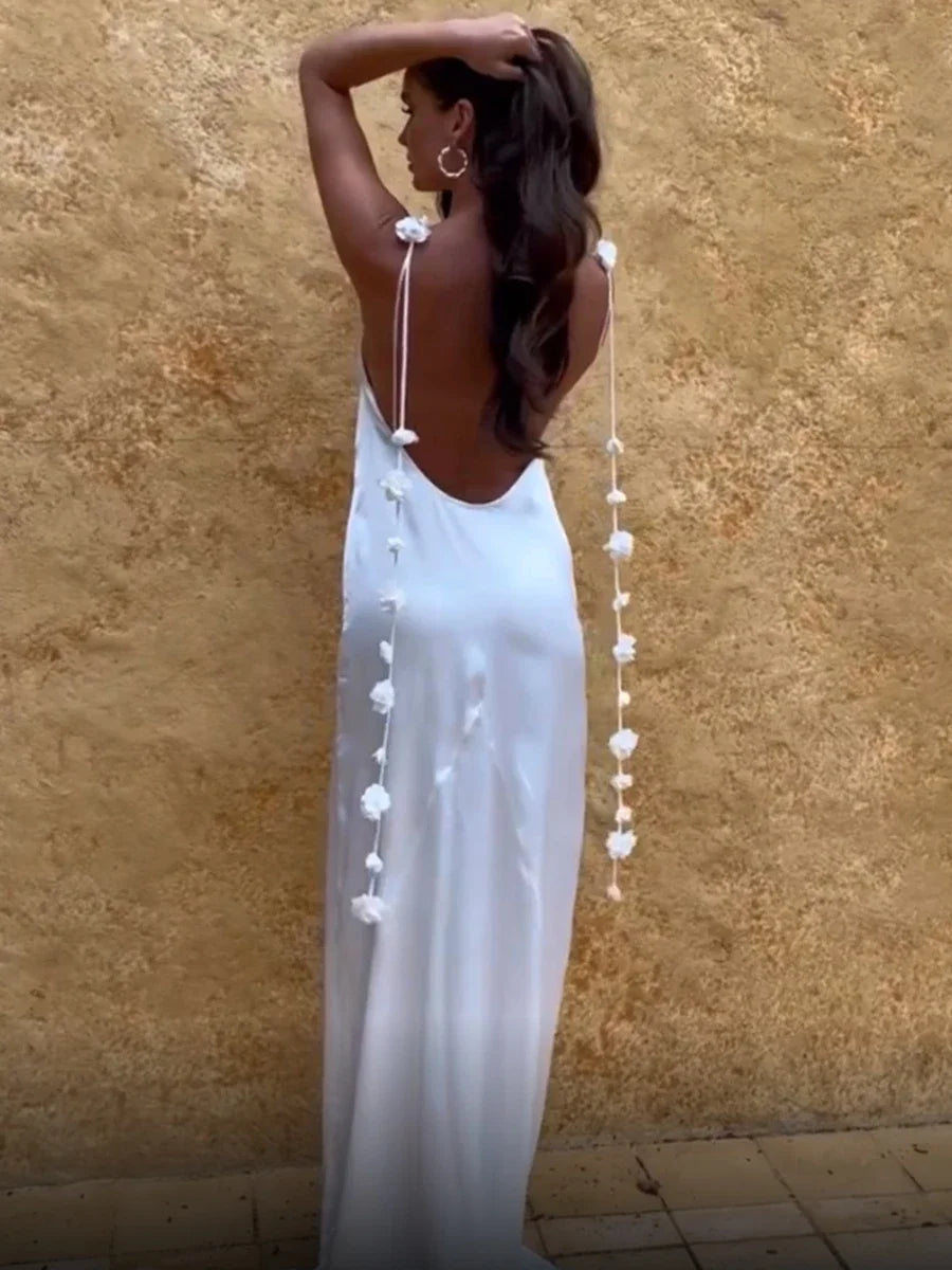 's Color Flower Tassel Backless Sleeveless Satin Maxi Long Bodycon Sling Dress